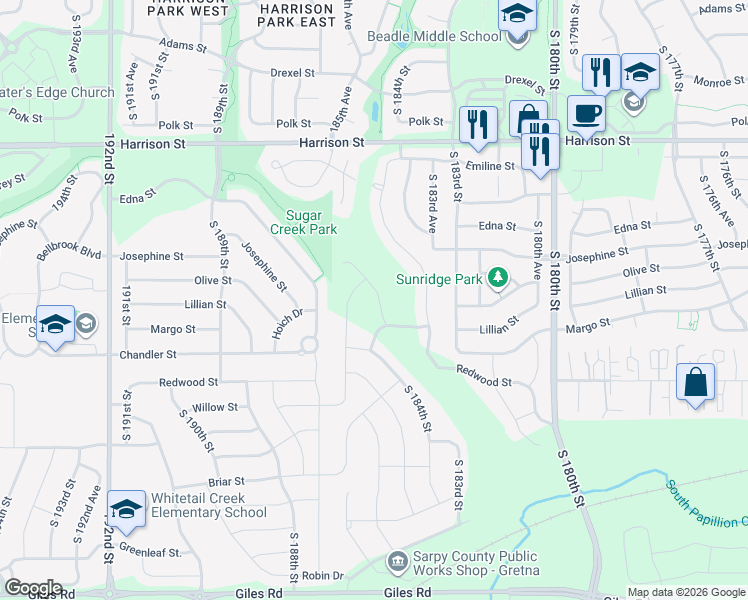 map of restaurants, bars, coffee shops, grocery stores, and more near 7314 South 184th Avenue in Omaha