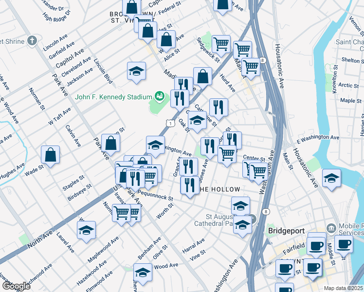 map of restaurants, bars, coffee shops, grocery stores, and more near 778 Grand Street in Bridgeport