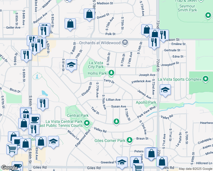 map of restaurants, bars, coffee shops, grocery stores, and more near 7544 Olive Avenue in La Vista