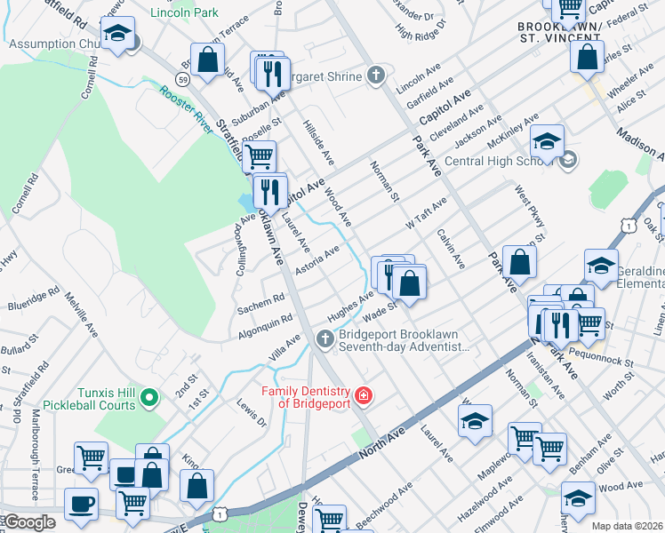 map of restaurants, bars, coffee shops, grocery stores, and more near 92 Aldine Avenue in Bridgeport
