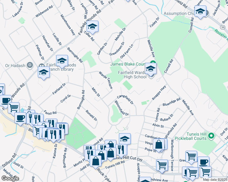 map of restaurants, bars, coffee shops, grocery stores, and more near 312 Warde Terrace in Fairfield