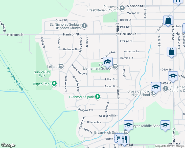 map of restaurants, bars, coffee shops, grocery stores, and more near 7202 South 49th Avenue in Omaha