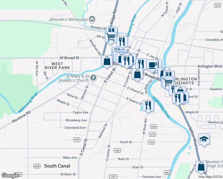 map of restaurants, bars, coffee shops, grocery stores, and more near 37 East Quarry Street in Newton Falls