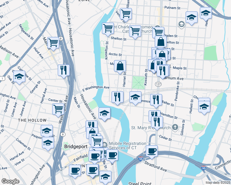 map of restaurants, bars, coffee shops, grocery stores, and more near 85 William Street in Bridgeport