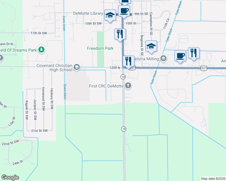 map of restaurants, bars, coffee shops, grocery stores, and more near 1629 Almond St SW in De Motte