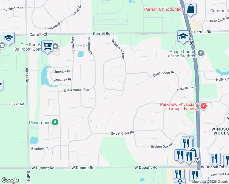 map of restaurants, bars, coffee shops, grocery stores, and more near 2425 Sugar Tree Drive in Fort Wayne