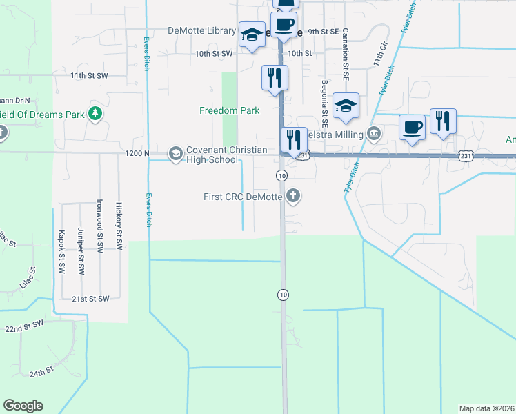 map of restaurants, bars, coffee shops, grocery stores, and more near 1629 Almond Street Southwest in De Motte