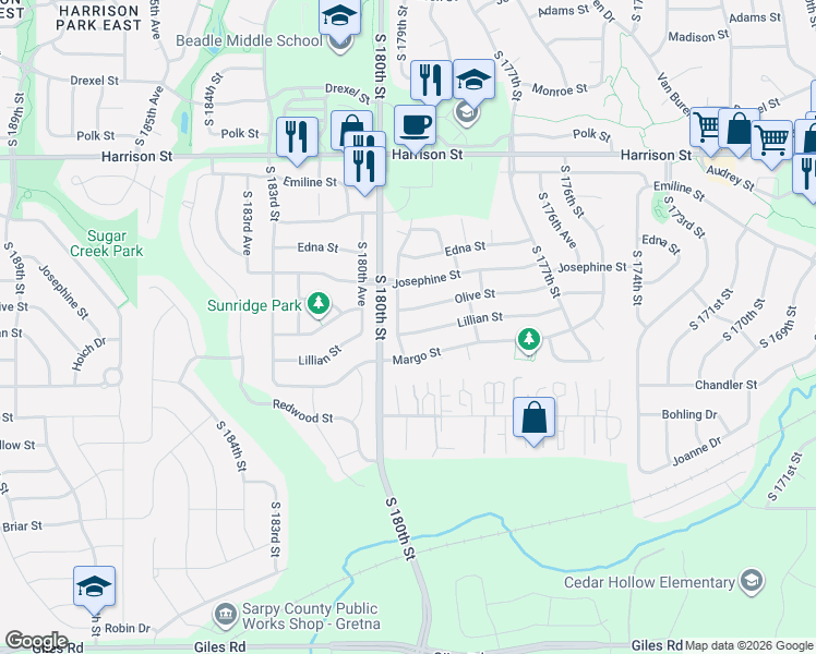 map of restaurants, bars, coffee shops, grocery stores, and more near 17842 Lillian Street in Omaha