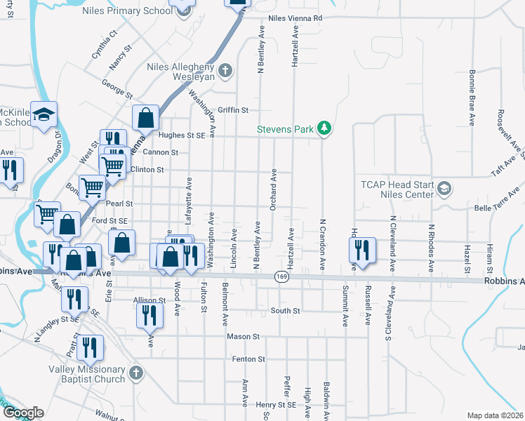 map of restaurants, bars, coffee shops, grocery stores, and more near 219 Bentley Ave in Niles