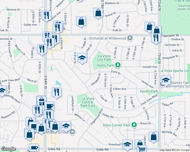 map of restaurants, bars, coffee shops, grocery stores, and more near 7712 Terry Dr in La Vista