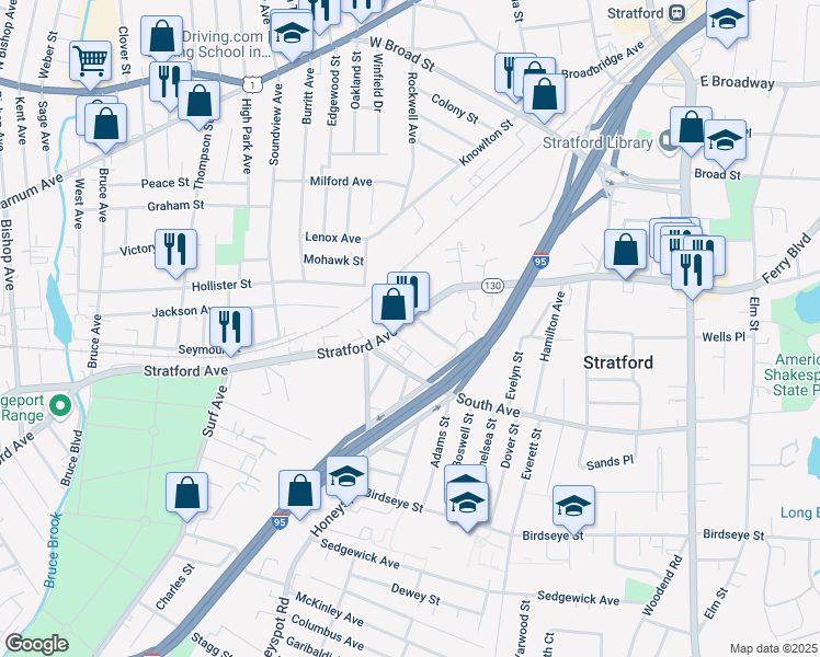 map of restaurants, bars, coffee shops, grocery stores, and more near 1625 Stratford Avenue in Stratford
