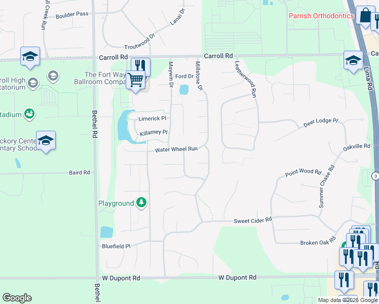 map of restaurants, bars, coffee shops, grocery stores, and more near 2831 Water Wheel Run in Fort Wayne