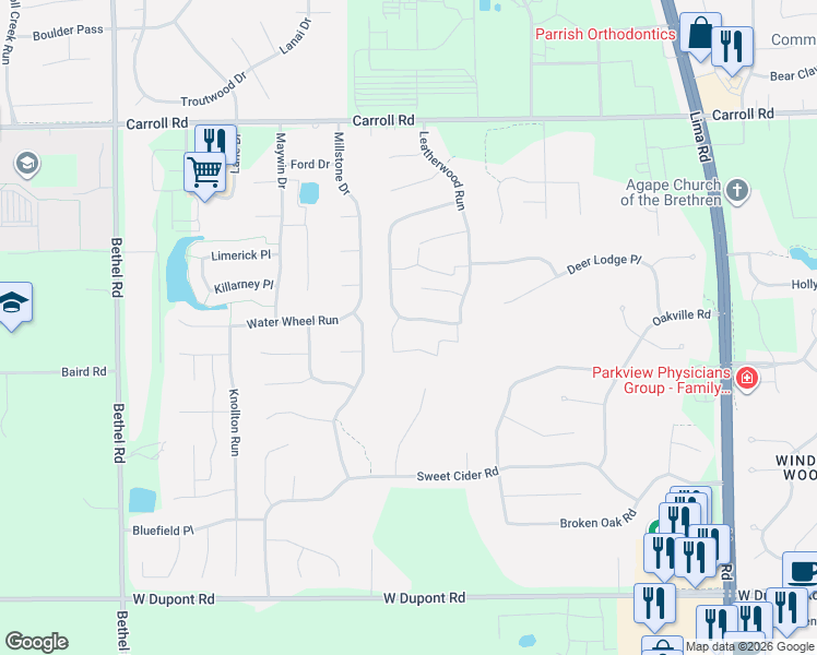 map of restaurants, bars, coffee shops, grocery stores, and more near 2629 Sugar Tree Drive in Fort Wayne