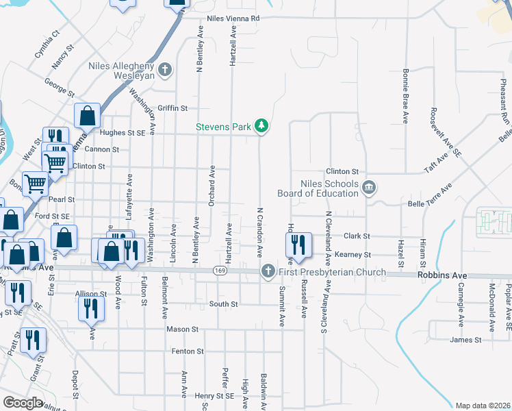 map of restaurants, bars, coffee shops, grocery stores, and more near 150 North Crandon Avenue in Niles