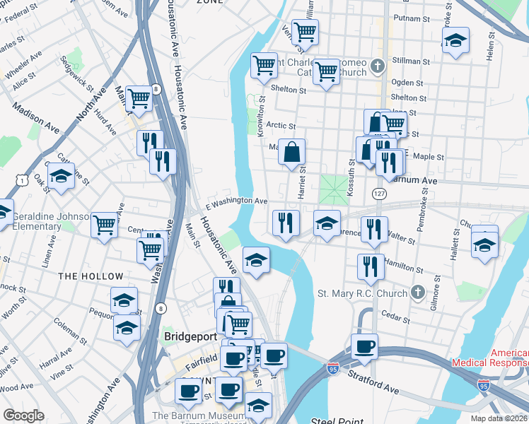 map of restaurants, bars, coffee shops, grocery stores, and more near 131 Knowlton Street in Bridgeport