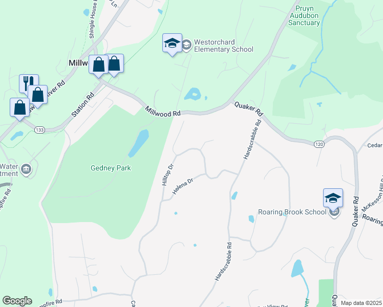 map of restaurants, bars, coffee shops, grocery stores, and more near 35 Hilltop Drive in Chappaqua