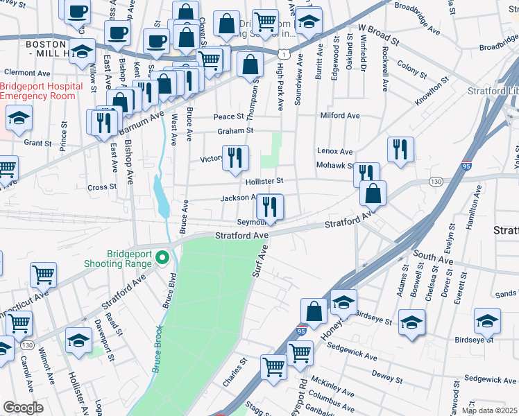 map of restaurants, bars, coffee shops, grocery stores, and more near 84 Sheridan Street in Stratford