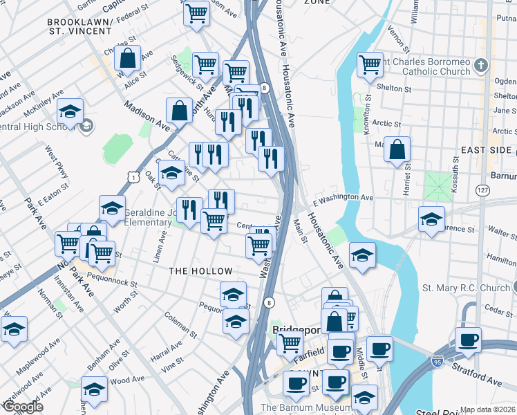 map of restaurants, bars, coffee shops, grocery stores, and more near 118 Catherine Street in Bridgeport