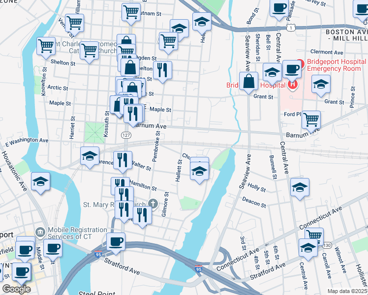 map of restaurants, bars, coffee shops, grocery stores, and more near 552 Crescent Avenue in Bridgeport