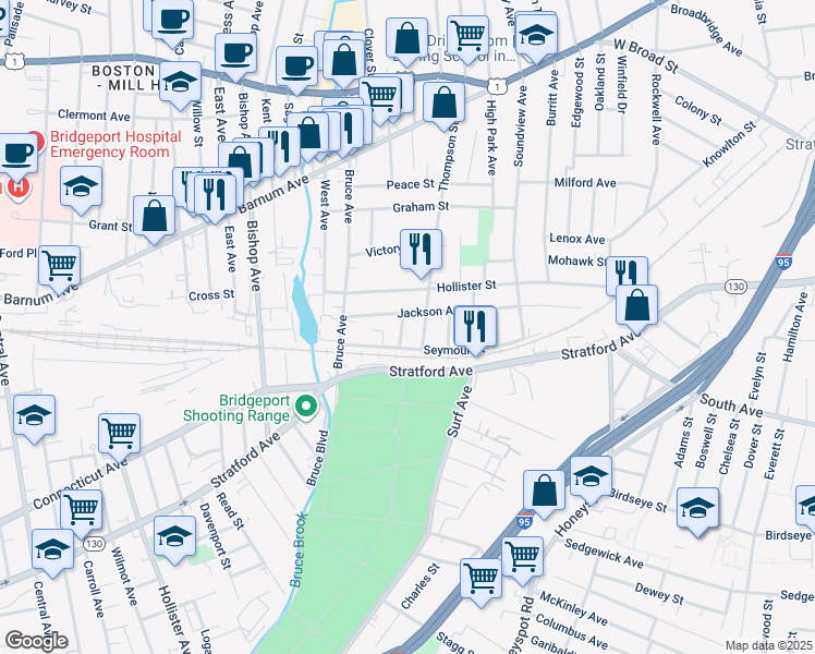 map of restaurants, bars, coffee shops, grocery stores, and more near 37 Thompson Street in Stratford
