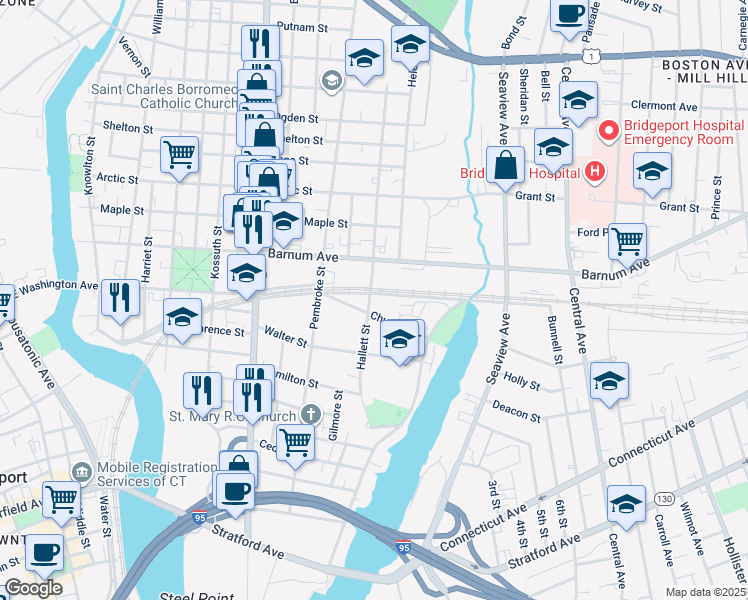 map of restaurants, bars, coffee shops, grocery stores, and more near 540 Crescent Avenue in Bridgeport