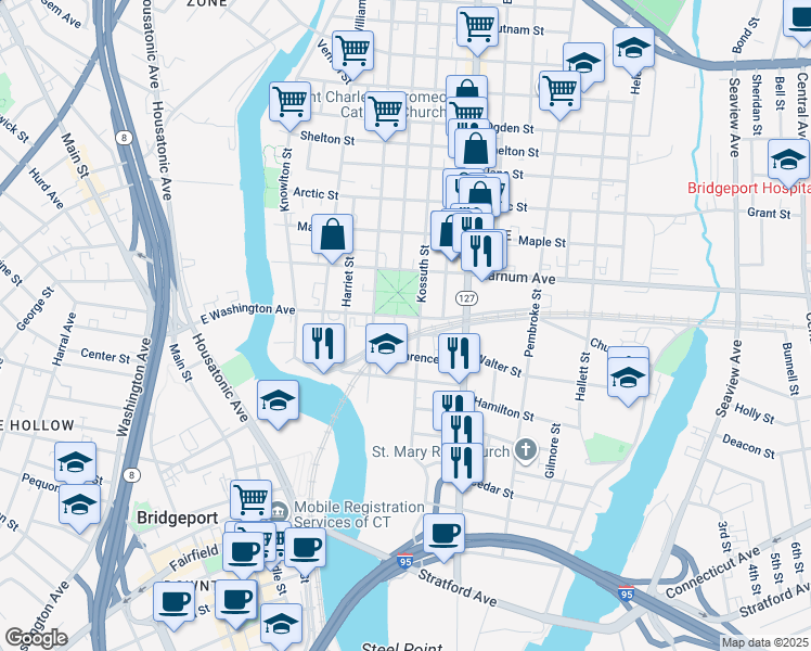 map of restaurants, bars, coffee shops, grocery stores, and more near 512 East Washington Avenue in Bridgeport