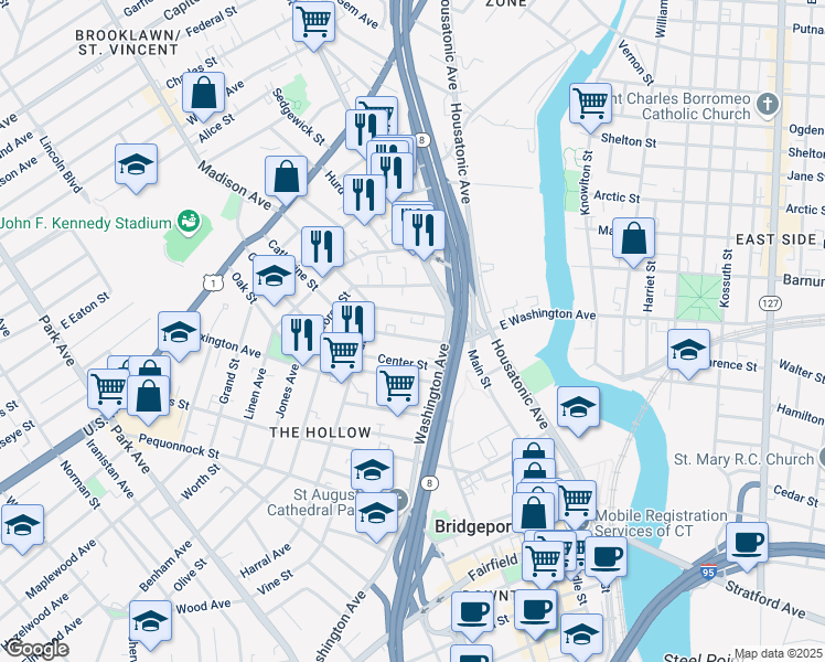 map of restaurants, bars, coffee shops, grocery stores, and more near 155 Catherine Street in Bridgeport