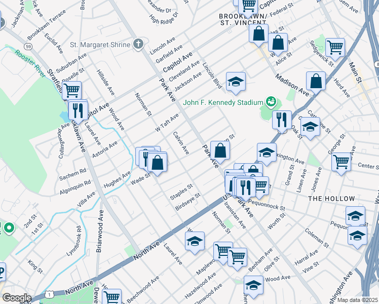 map of restaurants, bars, coffee shops, grocery stores, and more near 66 Wade Street in Bridgeport