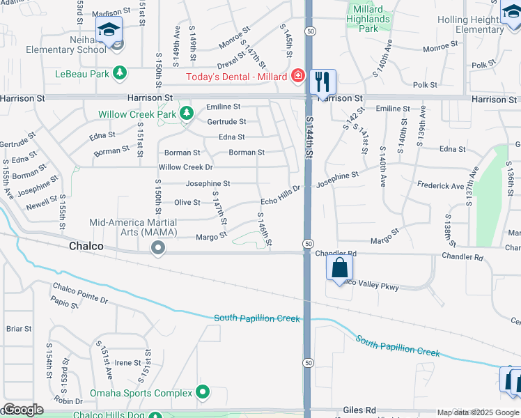 map of restaurants, bars, coffee shops, grocery stores, and more near 14611 Echo Hills Drive in Omaha