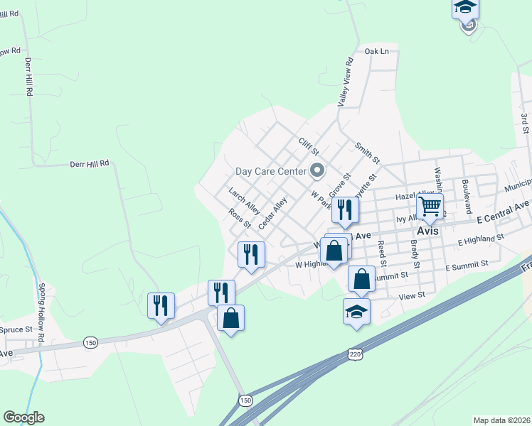 map of restaurants, bars, coffee shops, grocery stores, and more near Cedar Alley in Avis