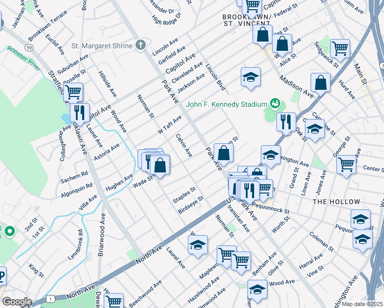 map of restaurants, bars, coffee shops, grocery stores, and more near 66 Wade Street in Bridgeport