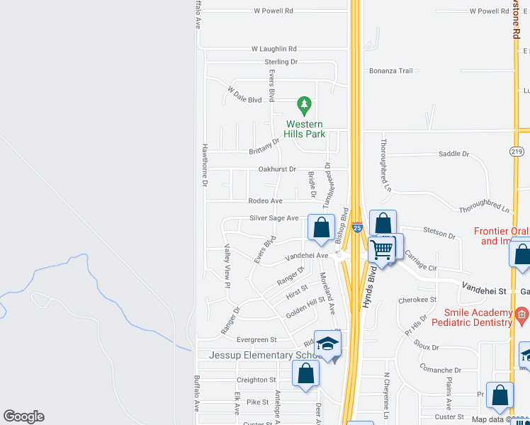 map of restaurants, bars, coffee shops, grocery stores, and more near 756 Silver Sage Avenue in Cheyenne