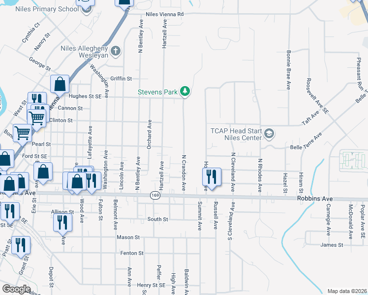 map of restaurants, bars, coffee shops, grocery stores, and more near North Crandon Avenue in Niles