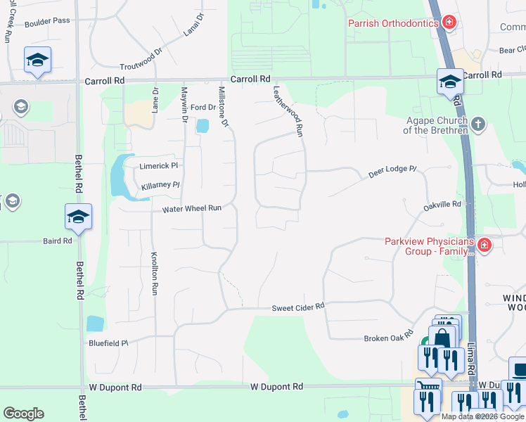 map of restaurants, bars, coffee shops, grocery stores, and more near 2629 Sugar Tree Drive in Fort Wayne