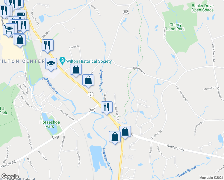 map of restaurants, bars, coffee shops, grocery stores, and more near 12 Gaylord Drive South in Wilton
