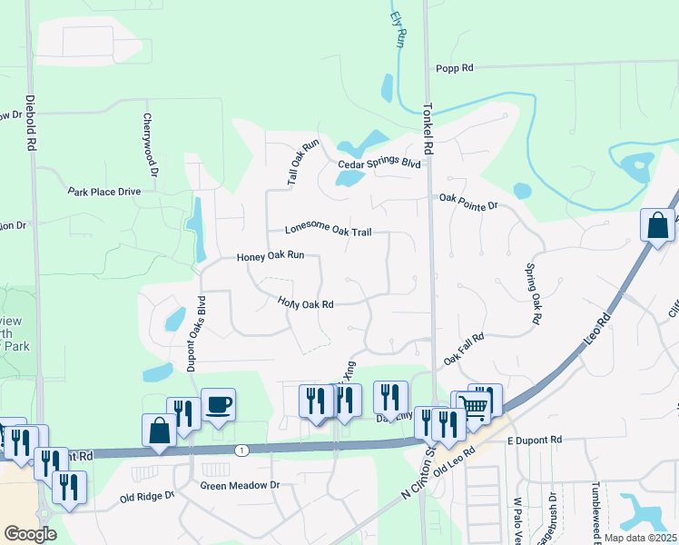 map of restaurants, bars, coffee shops, grocery stores, and more near 11036 Brandy Oak Run in Fort Wayne