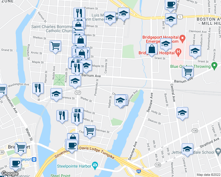 map of restaurants, bars, coffee shops, grocery stores, and more near 540 Crescent Avenue in Bridgeport