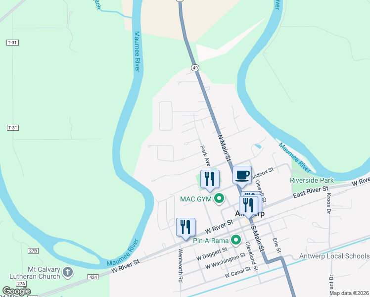 map of restaurants, bars, coffee shops, grocery stores, and more near 112 Maple Drive in Antwerp