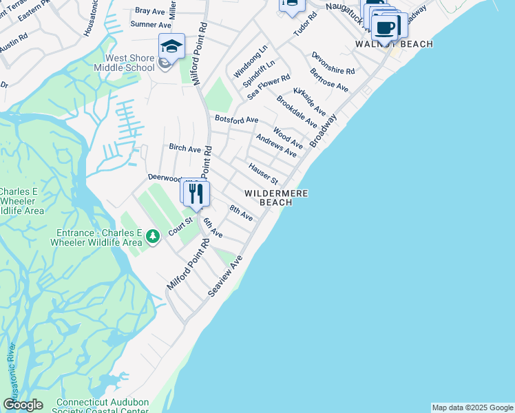 map of restaurants, bars, coffee shops, grocery stores, and more near 12 Ocean Avenue in Milford