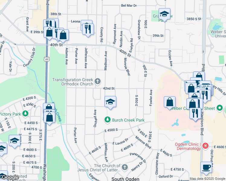 map of restaurants, bars, coffee shops, grocery stores, and more near 755 42nd Street in Ogden