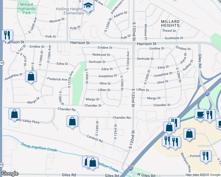 map of restaurants, bars, coffee shops, grocery stores, and more near 13426 Lillian Street in Omaha