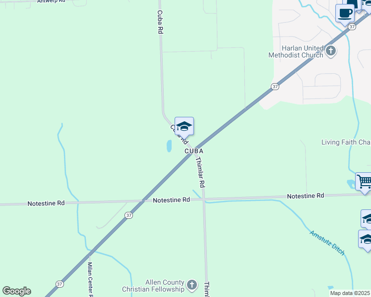 map of restaurants, bars, coffee shops, grocery stores, and more near 10835 Cuba Rd in Harlan