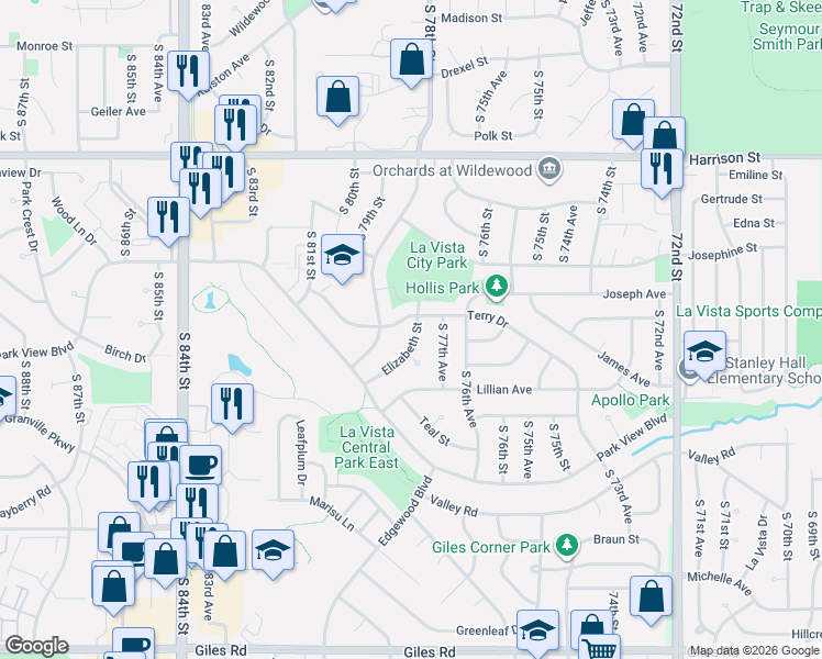 map of restaurants, bars, coffee shops, grocery stores, and more near 7712 Terry Drive in La Vista
