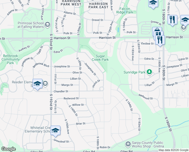 map of restaurants, bars, coffee shops, grocery stores, and more near 18631 Josephine Street in Omaha