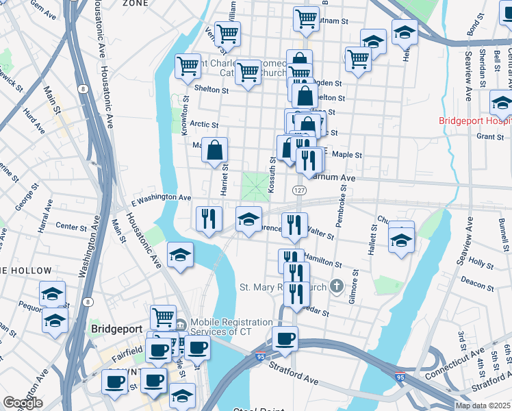 map of restaurants, bars, coffee shops, grocery stores, and more near 512 East Washington Avenue in Bridgeport