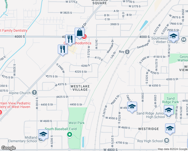 map of restaurants, bars, coffee shops, grocery stores, and more near 2710 West 4275 South in Roy