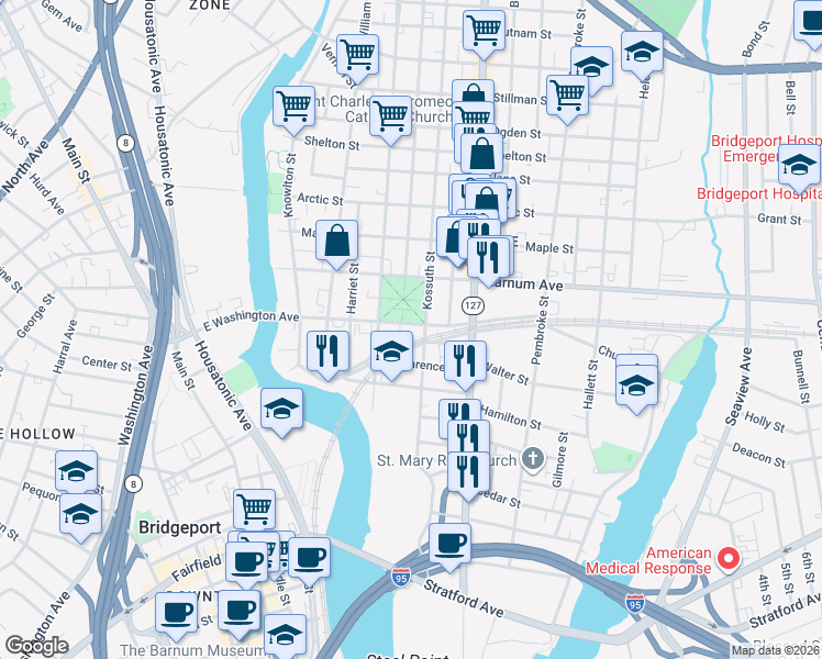 map of restaurants, bars, coffee shops, grocery stores, and more near 530 East Washington Avenue in Bridgeport