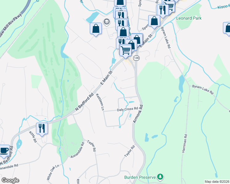 map of restaurants, bars, coffee shops, grocery stores, and more near 50 East Ridge Lane in Mount Kisco