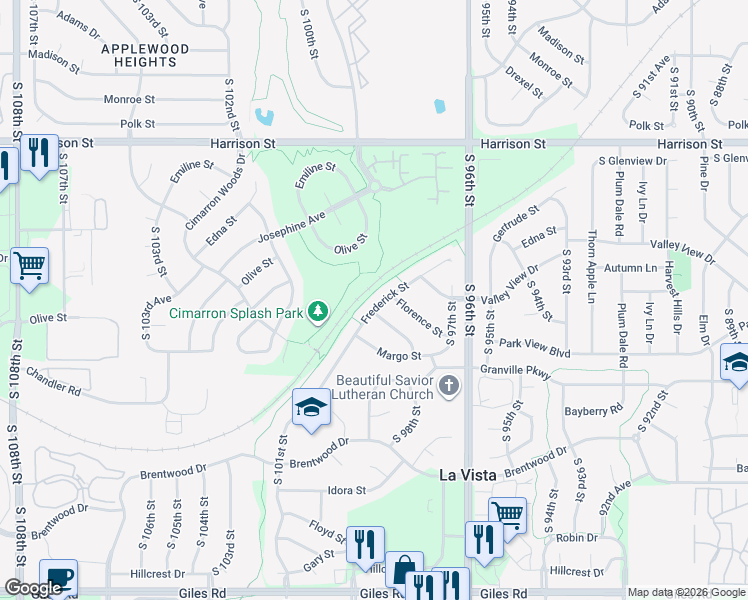 map of restaurants, bars, coffee shops, grocery stores, and more near 7412 Frederick Street in La Vista