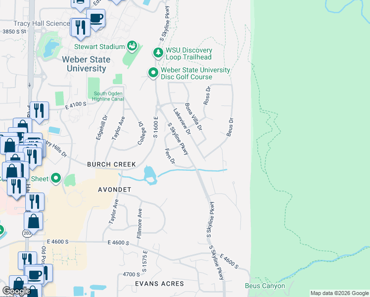 map of restaurants, bars, coffee shops, grocery stores, and more near 4245 Skyline Drive in Ogden